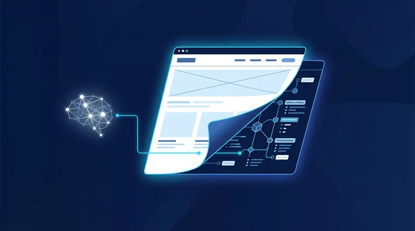 Eine moderne Illustration, die zeigt, wie eine Künstliche Intelligenz – dargestellt als leuchtendes Gehirn – die verborgenen strukturierten Daten und Code-Knoten einer Website ausliest.